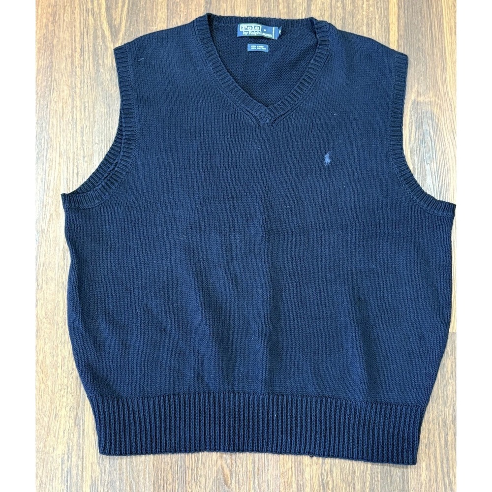 Ralph Lauren Polo Vest Jumper Chunky Knit V Neck Sweater Navy Mens‎ XL